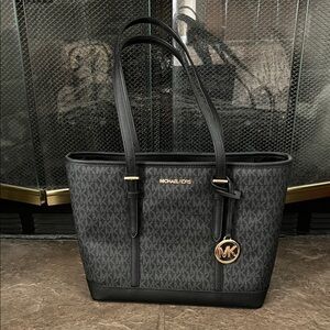 Michael Kors Black and Gray Signature Tote with Gold Charm